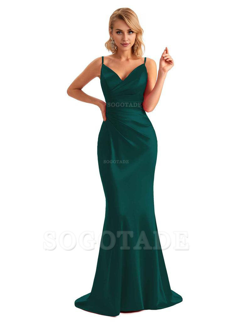  Sexy Backless Mermaid Spaghetti Straps Unique Long Formal Satin Dress For Women