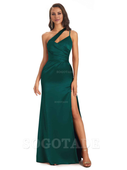 Elegant Soft Satin Side Slit One Shoulder Floor-Length Maxi Bridesmaid Dresses Evening Party Dress