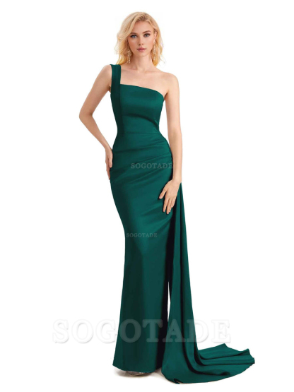 Elegant One Shoulder Soft Satin Mermaid Unique Long Bridesmaid Dresses Charming Evening Party Dress