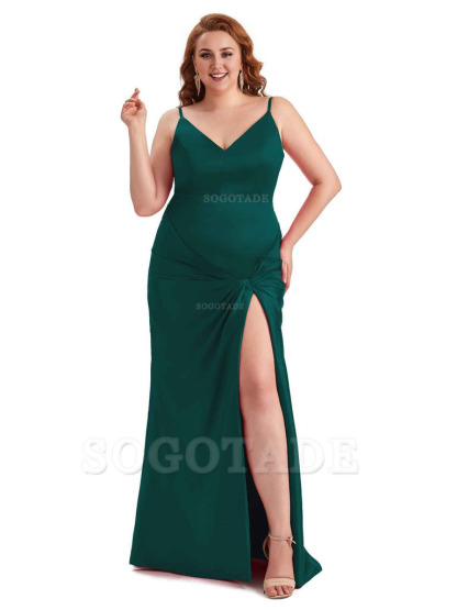 Sexy Spaghetti Straps V-neck Side Slit Mermaid Soft Satin Long Plus Size Bridesmaid Dress
