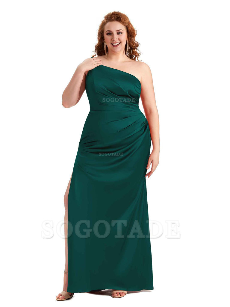 Sexy Side Slit One Shoulder Mermaid Soft Satin Long Plus Size Maid of Honour Dresses