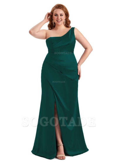 Sexy Side Slit One Shoulder Mermaid Long Plus Size Satin Maxi Dresses