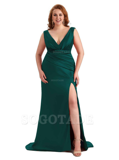 Elegant V-neck Side Slit Mermaid Soft Satin Long Plus Size Bridesmaid Dress For Wedding