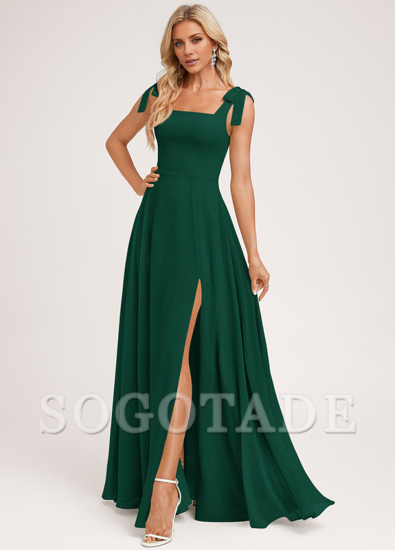 A-shaped square bow landing chiffon bridesmaid dress