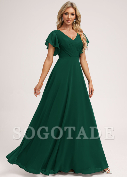 Ruffle A-line V-neck and floor chiffon bridesmaid dress
