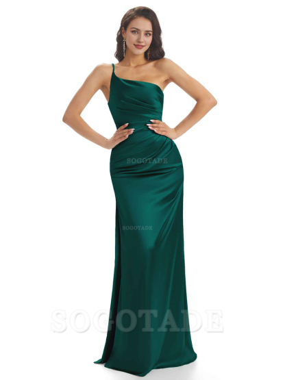 Sexy Soft Satin One Shoulder Side Slit Mermaid Long Bridesmaid Dresses prom dress shop ﻿