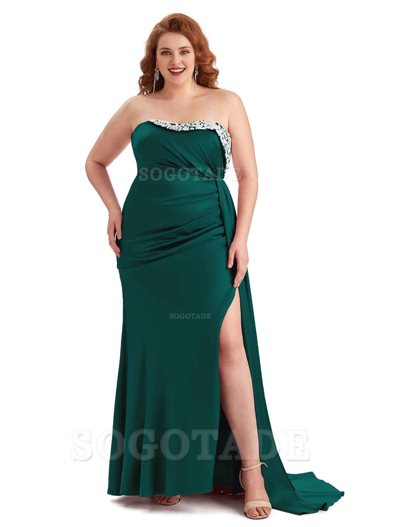 Sexy Side Slit Strapless Mermaid Lace Soft Satin Long Plus Size Maid of Honor Dresses