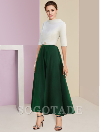 A-Line Mother of the Bride Dress Wedding Guest Elegant Vintage Jewel Neck Tea Length Charmeuse Half Sleeve with Pleats Crystals