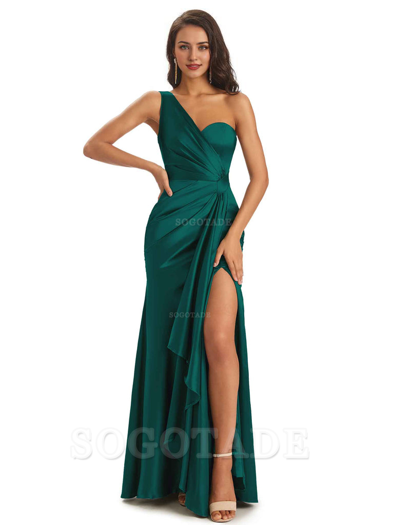 Elegant Soft Satin Side Slit One Shoulder Unique Mermaid Bridesmaid Dresses Online prom dresses shops