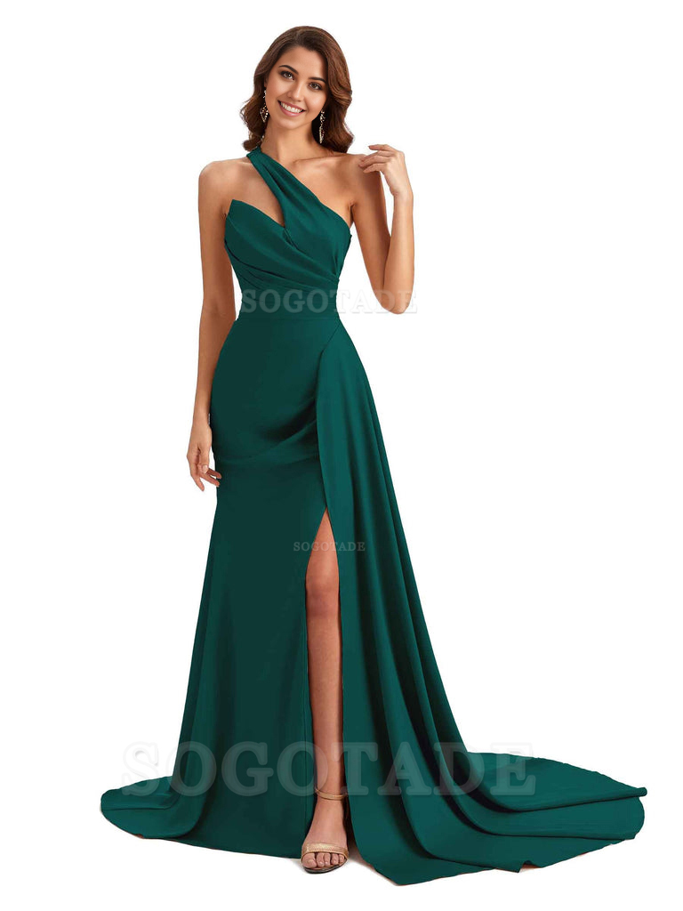 Mermaid One shoulder Satin formal dresses evening gown Bridesmaid Dresses With Side Slit 