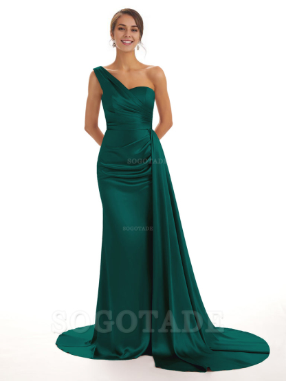 Elegant One Shoulder Soft Satin Unique Mermaid Long Bridesmaid Dresses Online prom dresses shops
