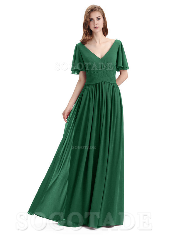 A-Line Chiffon Short Sleeves Elegant Floor-Length Bridesmaid Dresses Formal Women's Dresses Wedding Guests Dresses