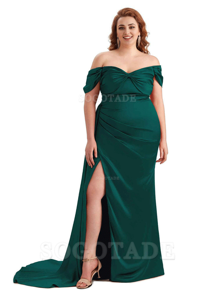  Sexy Side Slit Off The Shoulder Mermaid Soft Satin Long Plus Size Bridesmaid Dress For Wedding