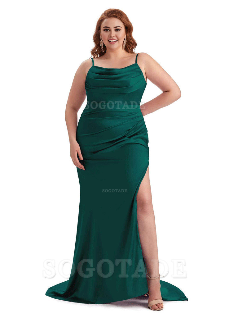 Sexy Jewel Side Slit Mermaid Soft Satin Long Plus Size Bridesmaid Dress For Wedding