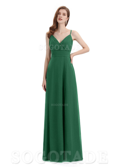 Chiffon V-Neck Spaghetti Strap Floor-Length Side Fork Long Bridesmaid Dresses Formal Women's Dresses Wedding Guests Dresses