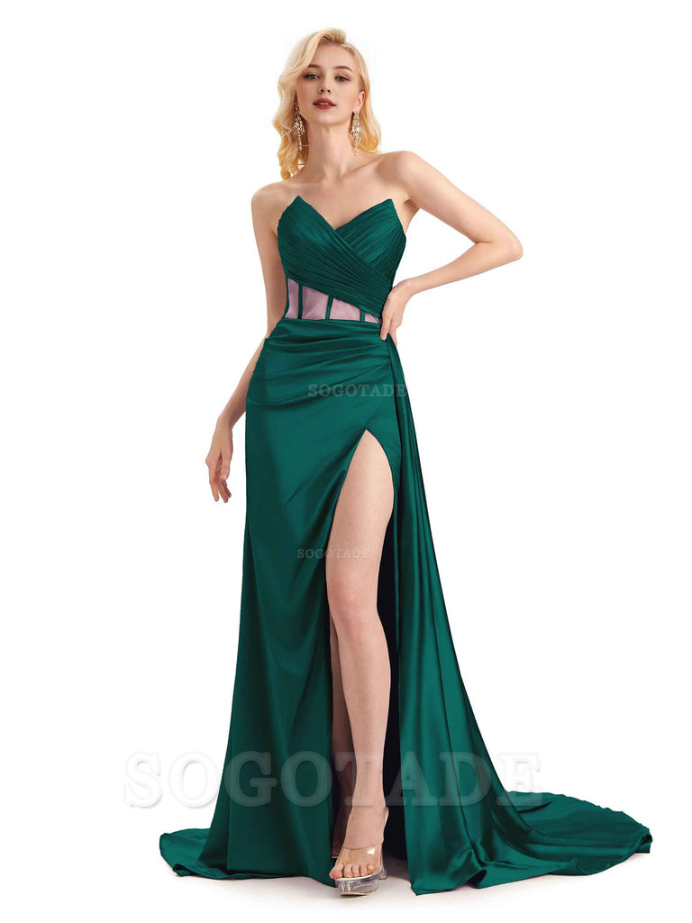 Sexy Soft Satin Side Slit See Through Floor-Length Long Mermaid Bridesmaid Dresses prom shop dresses