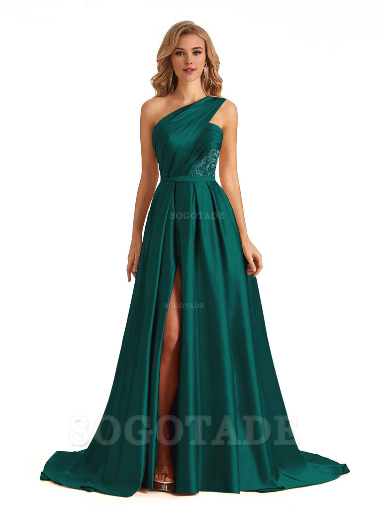 Sexy Side Slit One Shoulder A-Line Soft Satin Long Bridesmaid Dresses Online prom dress in store