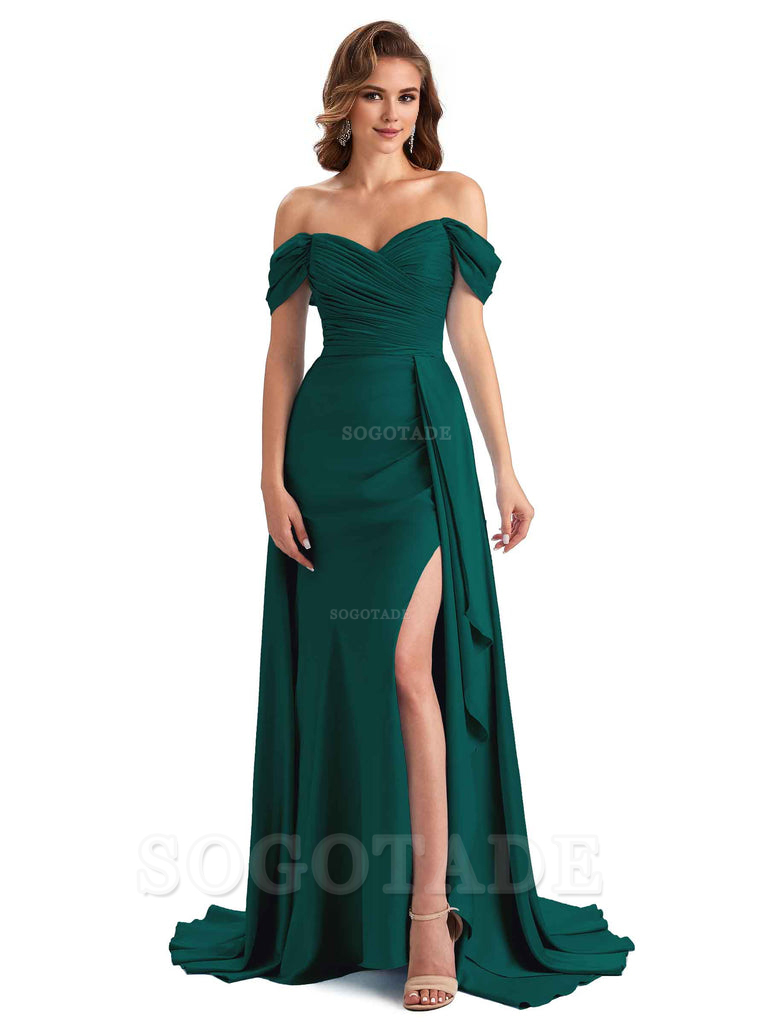 Sexy Side Slit Mermaid Soft Satin Off The Shoulder Long Unique Bridesmaid Dresses prom dress in store