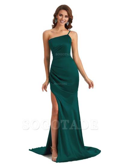 Sexy Silky Satin Side Slit One Shoulder Unique Long Wedding Guest Maxi Dresses