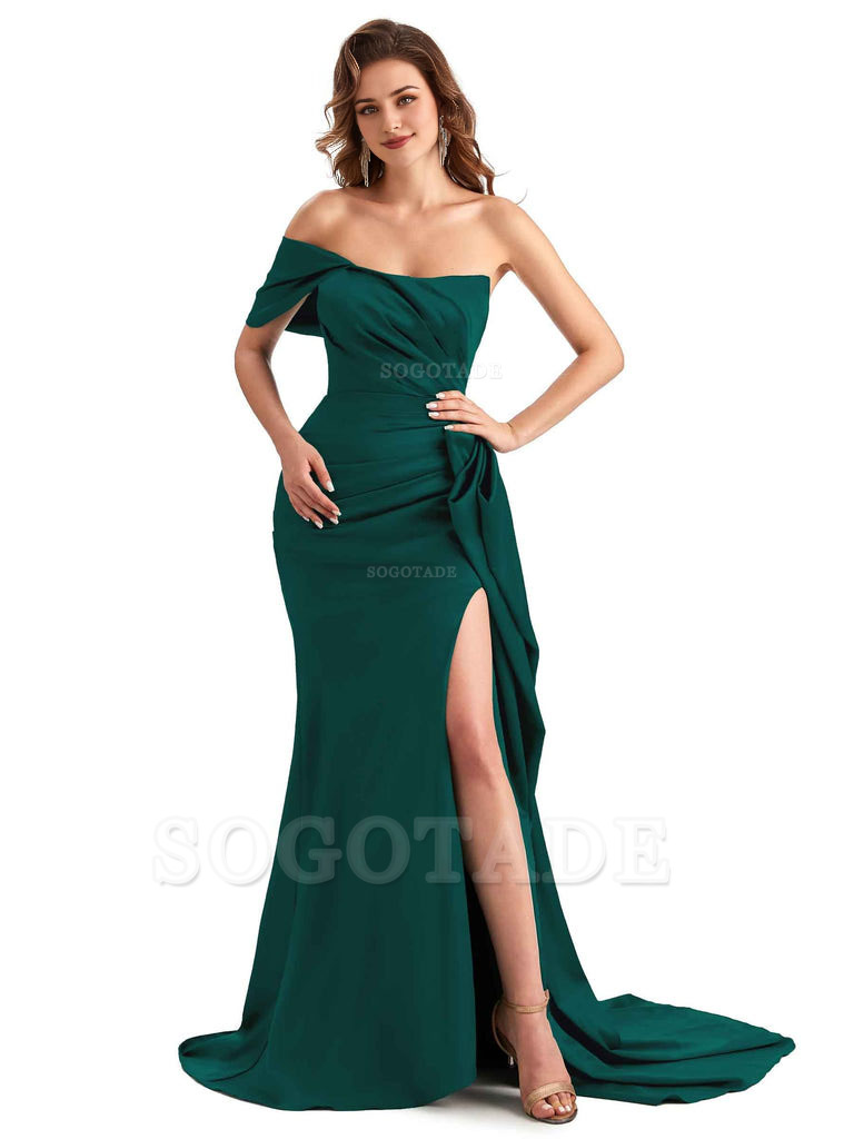 Sexy Side Slit Mermaid Silky Satin One Shoulder Chic Long Maid Of Honor Dresses