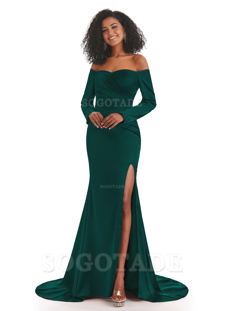 Mermaid Long Sleeve Satin formal dresses evening gown Bridesmaid Dresses With Side Slit 