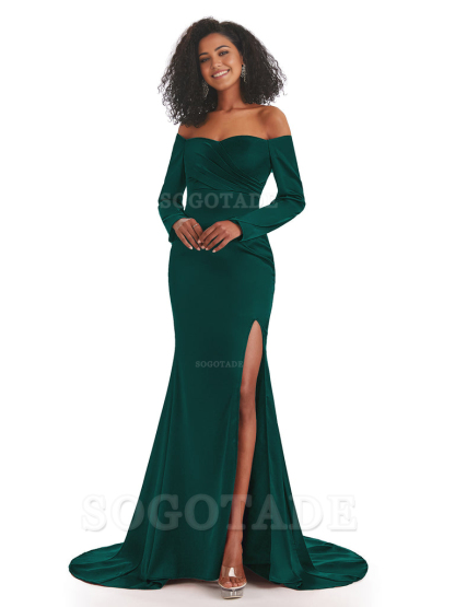 Mermaid Long Sleeve Satin formal dresses evening gown Bridesmaid Dresses With Side Slit 