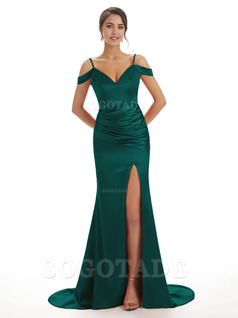 Mermaid Off The Shoulder Satin formal dresses evening gown Bridesmaid Dresses With Side Slit 