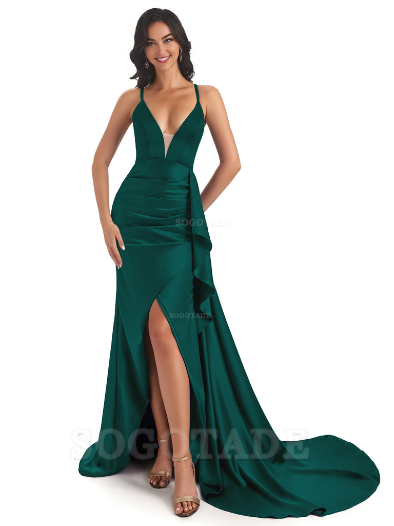 Sexy Spaghetti Straps Soft Satin Side Slit Pleats Unique Mermaid Bridesmaid Dresses prom shop dresses ﻿