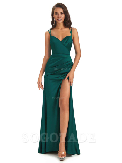 Sexy Soft Satin Side Slit Spaghetti Straps Long Maxi Mermaid Bridesmaid Dresses Elegant Evening Party Dress