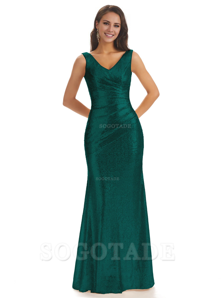 Sexy Sequin V-Neck Sparkly Long Mermaid Bridesmaid Dresses Charming Evening Party Dress