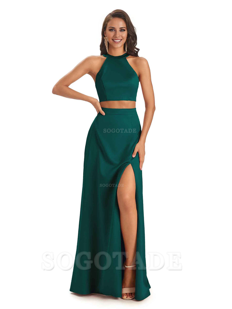 Soft Satin Two-Pieces Halter Side Slit Sexy Fashion Bridesmaid Dresses Charming Evening Party Dress