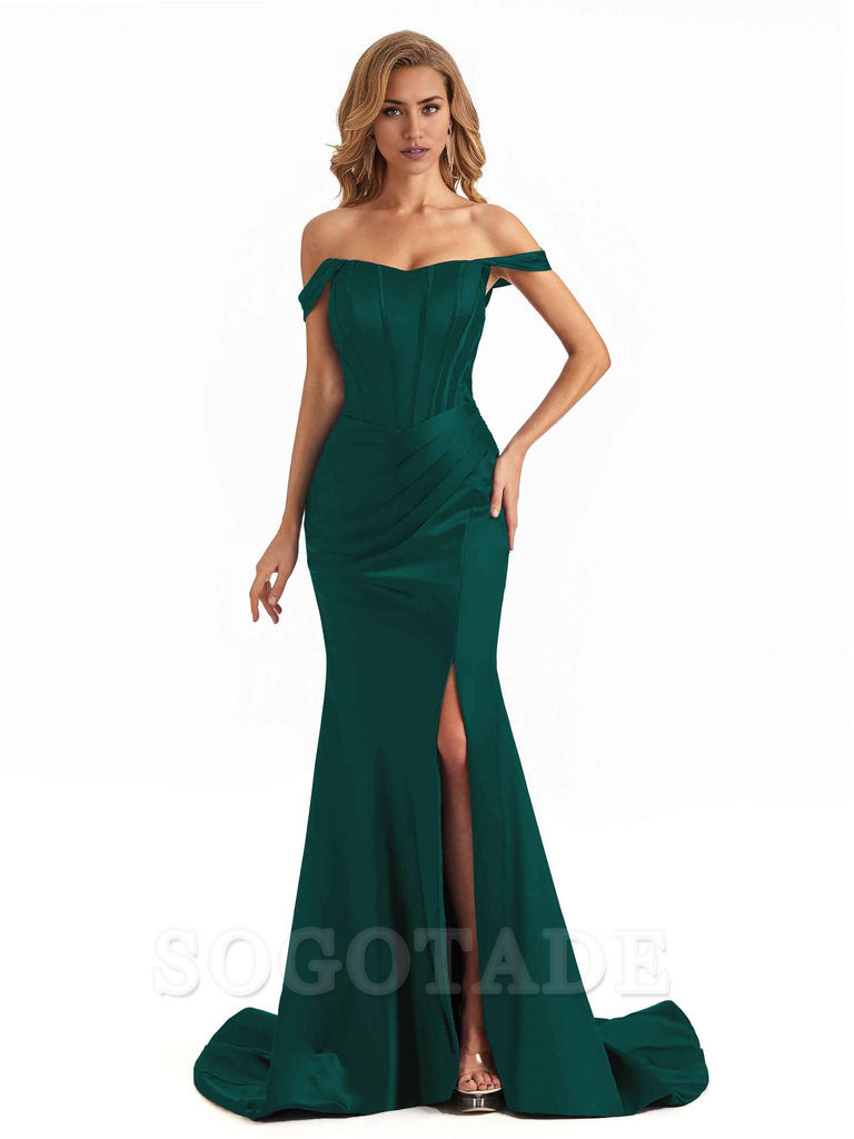 Sexy Long Mermaid Bridesmaid Dresses Off The Shoulder with Side Slit Satin Elegant Evening Party Dress 