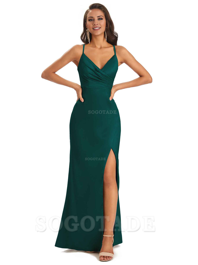 Soft Satin Side Slit Spaghetti Straps Long Unique Mermaid Bridesmaid Dresses Elegant Evening Party Dress