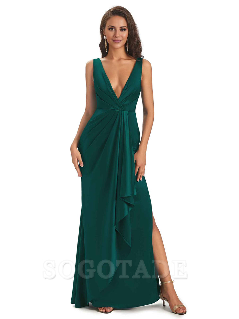 Sexy Satin V-Neck Floor-Length Long Bridesmaid Dresses with Side Slit Elegant Evening Party Dress