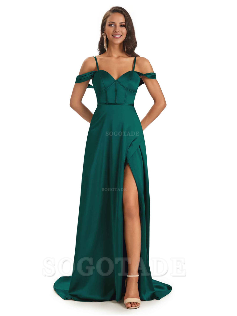 Stylish Soft Satin Side Slit Spaghetti Straps Bridesmaid Dresses Elegant Evening Party Dress
