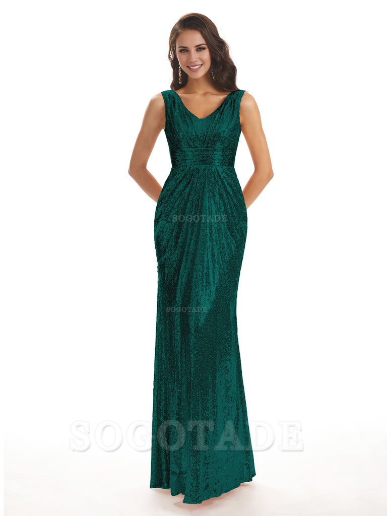 Sparkly V-Neck Sequin Long Mermaid Bridesmaid Dresses Sleeveless Charming Evening Party Dress