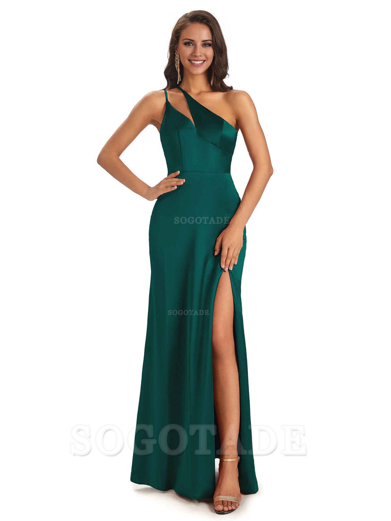 Sexy Soft Satin Side Slit One Shoulder Floor-Length Mermaid Long Bridesmaid Dresses Elegant Evening Party Dress