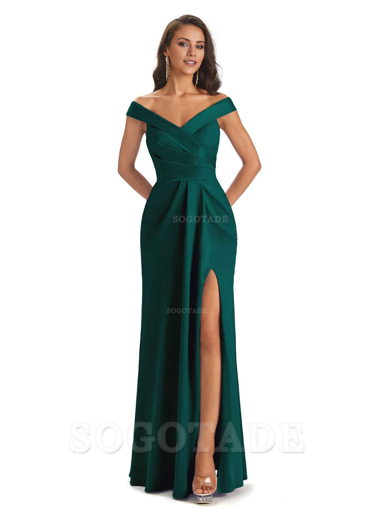 Sexy Soft Side Slit Off Shoulder V-Neck Long Satin Ladies Bridesmaid Dresses Elegant Evening Party Dress