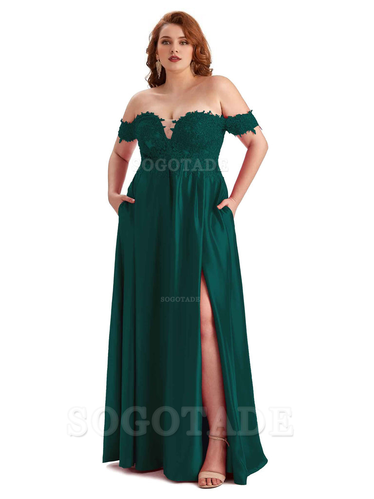 Off Shoulder Side Slit Lace Soft Satin Long Plus Size Bridesmaid Dresses For Wedding