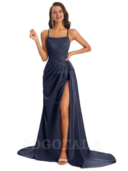 Sexy Soft Satin Side Slit Spaghetti Straps Long Maxi Bridesmaid Dresses prom shop dresses