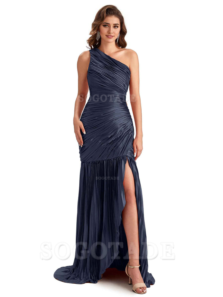 Sexy Side Slit Mermaid Soft Satin One Shoulder Long Ladies Bridesmaid Dresses Online