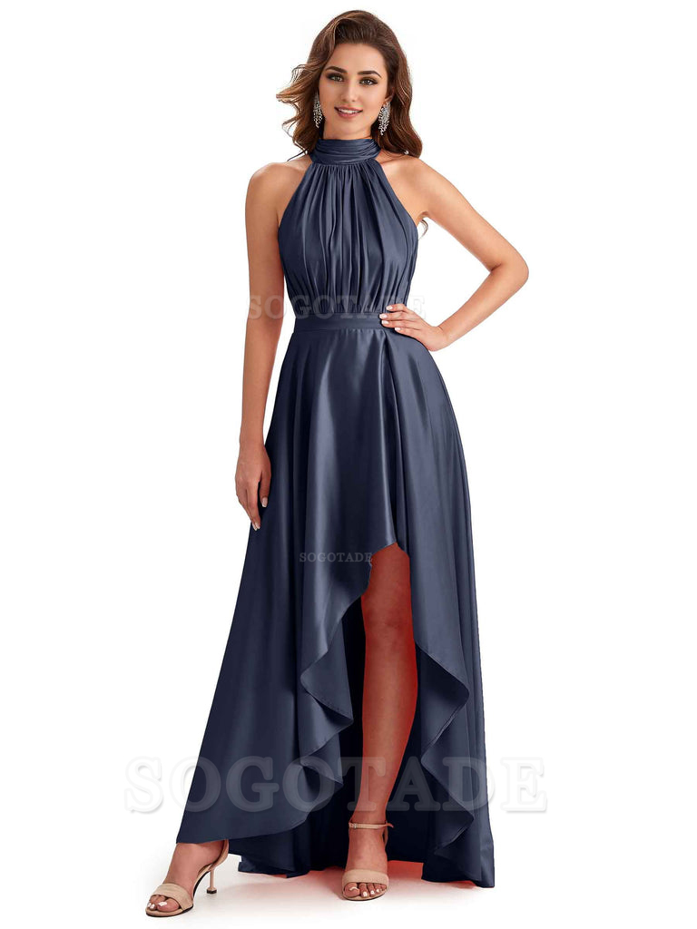 Soft Satin High Neck High Low A-Line Unique Bridesmaid Dresses Online