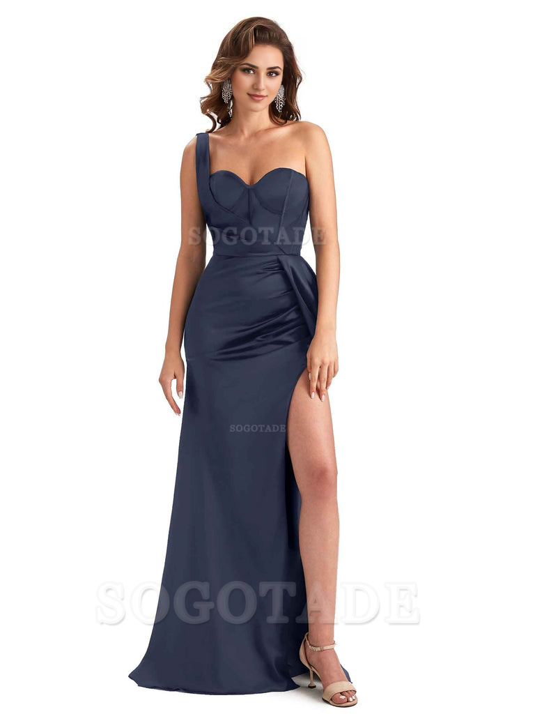 Sexy Mermaid Silky Satin Side Slit One Shoulder Unique Long Wedding Guest Dresses