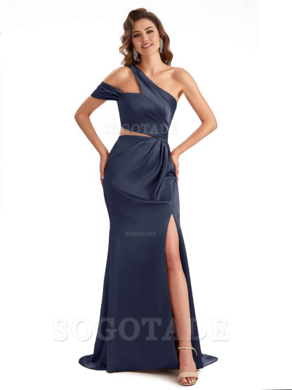 Sexy Side Slit Mermaid Soft Satin One Shoulder Long Unique Bridesmaid Dresses