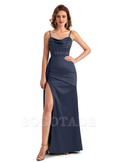 Sexy Side Slit Mermaid Silky Satin Spaghetti Straps Unique Wedding Guest Dresses