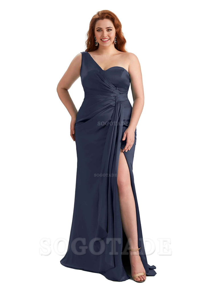  Sexy One Shoulder Side Hight Slit Mermaid Satin Floor Length Long Plus Size Bridesmaid Dress For Wedding