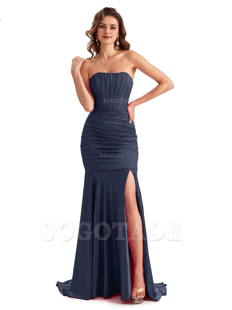 Sexy Strapless Side Slit Mermaid Silky Satin Formal Bridesmaid Dresses