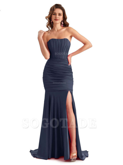 Sexy Strapless Side Slit Mermaid Silky Satin Formal Bridesmaid Dresses