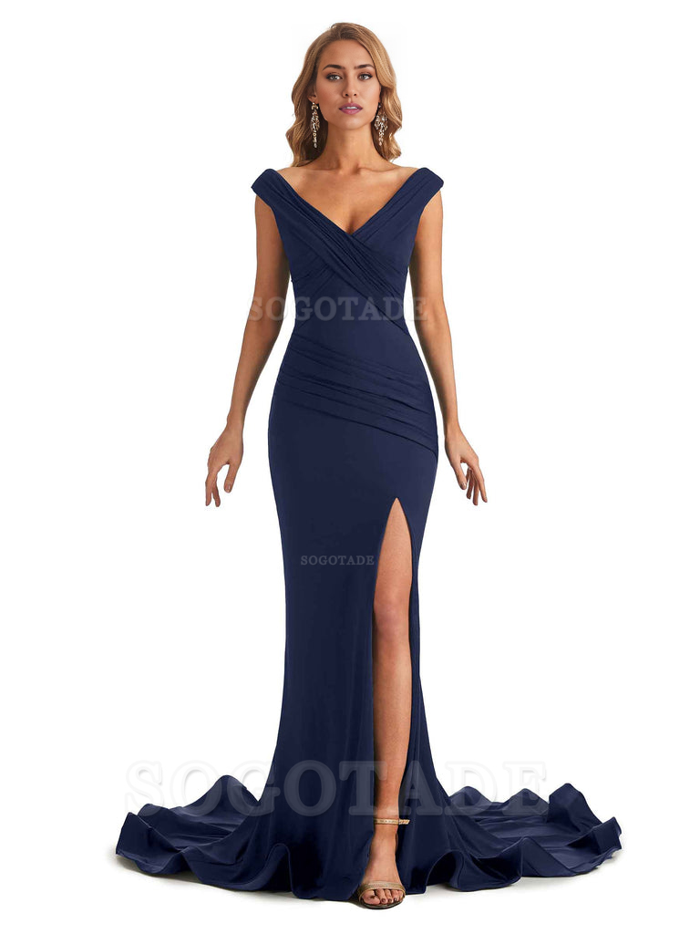 Sexy Mermaid V-Neck Off The Shoulder Side Fork Long Fashion Bridesmaid Dresses Formal Women's Dresses Wedding Guests Dresses