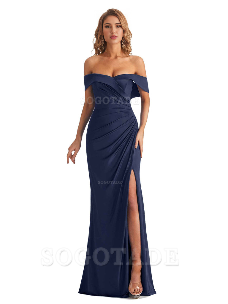 Sexy Mermaid Cultivate oneself Off The Shoulder Pleated Side Slit Long Bridesmaid Dresses Formal Women's Dresses Wedding Guests Dresses